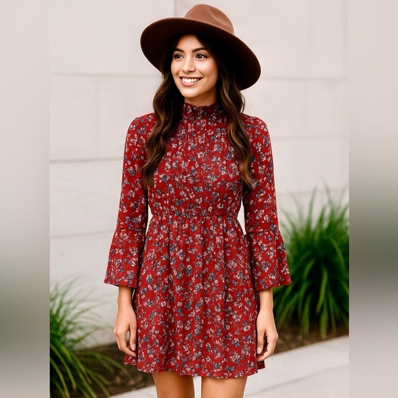 Mini Dress Boho Floral Smocked Semi Sheer Bell Sleeve Red Small City Triangles - Picture 14 of 17